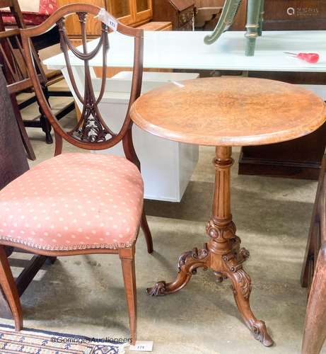 A Victorian burr walnut circular wine table, diameter 49cm, ...