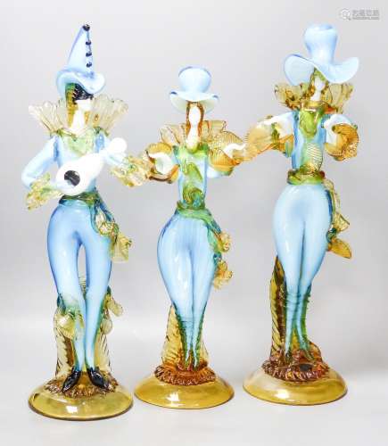 Three large Murano blue and Amber Glass figures, largest 47 ...