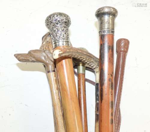 Three silver mounted canes, carved crops and tipstaffs