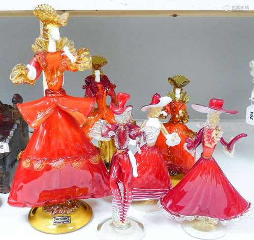 Six Murano glass figures of ladies and gentlemen, the talles...