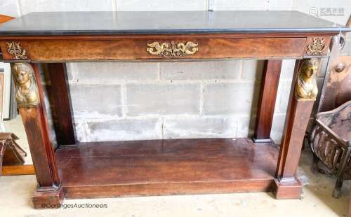 An Empire style marble top console table, width 132cm, depth...