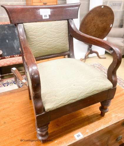 A Victorian mahogany child's elbow chair, width 38cm, height...