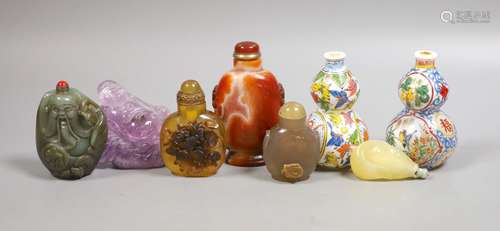 A group of Chinese jade, hardstone and glass snuff bottles, ...