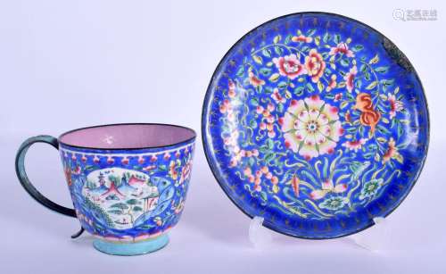 A RARE 19TH CENTURY CHINESE CANTON ENAMEL CUP AND SAUCER Qin...
