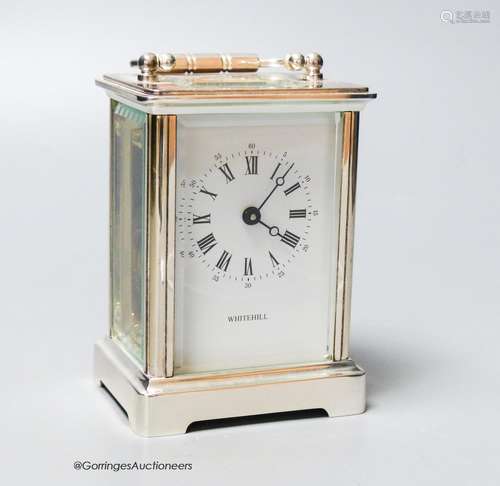 A Whitehill silvered brass four glass carriage timepiece, he...