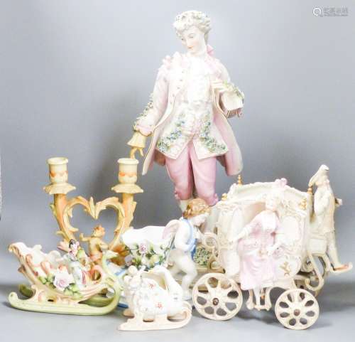 A bisque carriage centrepiece, a Continental figure and deco...