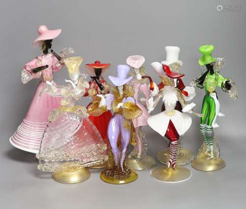 A group of eight Murano glass figures of dancers, tallest 32...