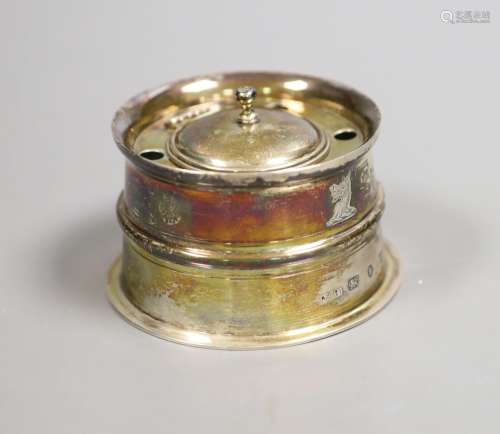A late Victorian silver mounted glass circular desk inkwell,...