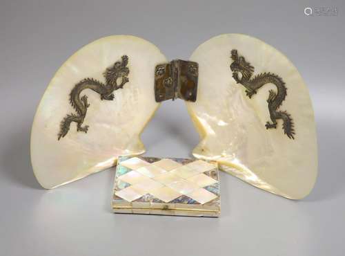 A mother of pearl purse and Chinese white metal decorated mo...