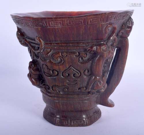 A CHINESE BUFFALO HORN TYPE LIBATION CUP 20th Century, overl...
