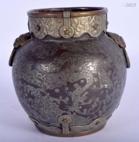 AN EARLY 20TH CENTURY CHINESE PEWTER INLAID BRASS CENSER dec...