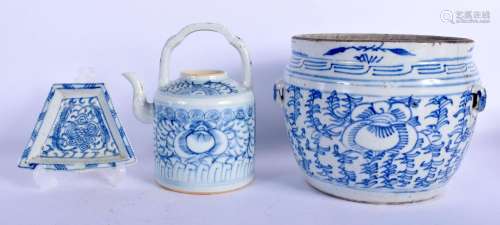 A 19TH CENTURY CHINESE BLUE AND WHITE PORCELAIN TEAPOT toget...