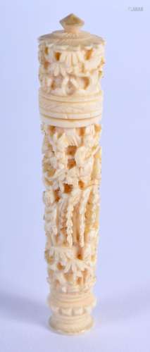 A RARE MINIATURE 19TH CENTURY CHINESE CANTON IVORY TOOTH PIC...