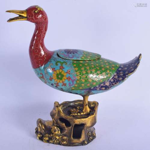 A CHINESE BRONZE AND CLOISONNE ENAMEL DUCK CENSER AND COVER ...