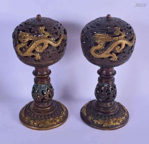 A PAIR F CHINESE BRONZE OPEN WORK CENSERS AND COVERS 20th Ce...