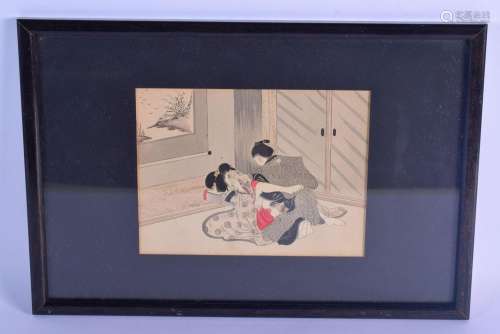 A 19TH CENTURY JAPANESE MEIJI PERIOD FRAMED EROTIC WATERCOLO...