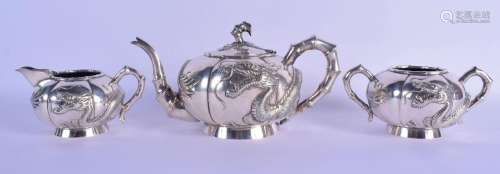 A 19TH CENTURY CHINESE EXPORT THREE PIECE SILVER TEASET by L...