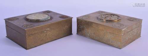 A PAIR OF EARLY 20TH CENTURY CHINESE BRASS AND JADE BOX AND ...