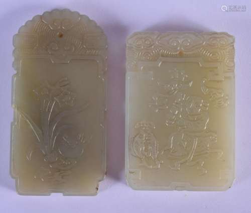 TWO 20TH CENTURY CHINESE CARVED GREEN JADE PLAQUES . Largest...