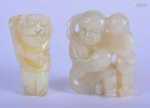 TWO 20TH CENTURY CHINESE CARVED GREEN JADE FIGURES . Largest...