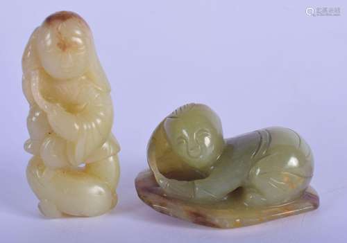 TWO 20TH CENTURY CHINESE CARVED GREEN JADE FIGURES . Largest...