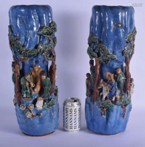 A RARE PAIR OF EARLY 20TH CENTURY CHINESE BLUE GLAZED STONEW...