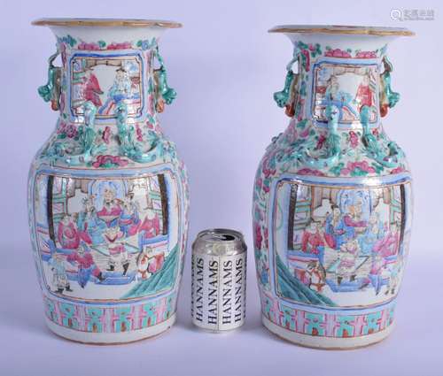 A LARGE PAIR OF 19TH CENTURY CHINESE CANTON FAMILLE ROSE VAS...