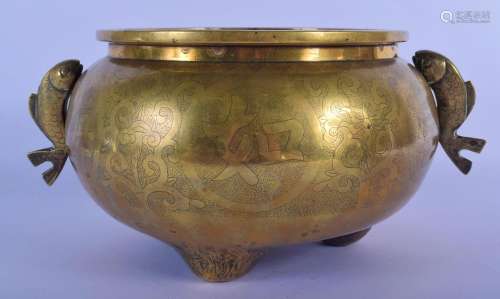 A 19TH CENTURY CHINESE TWIN HANDLED BRONZE CENSER Qing, engr...