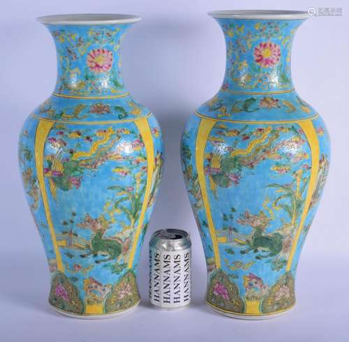 A LARGE PAIR OF CHINESE BLUE GLAZED PORCELAIN VASES 20th Cen...