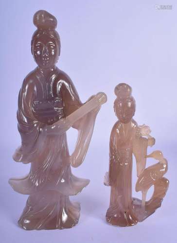 TWO 19TH CENTURY CHINESE CARVED AGATE FIGURES OF FEMALE IMMO...