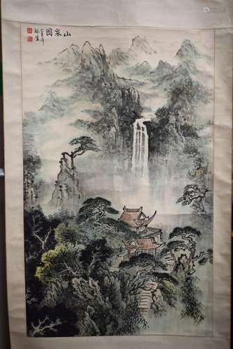 TWO LARGE EARLY 20TH CENTURY CHINESE INKWORK WATERCOLOUR SCR...