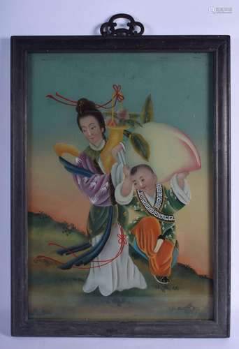 A CHINESE REVERSE PAINTED GLASS PICTURE depicting a female a...