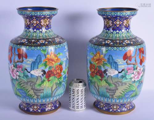 A LARGE PAIR OF 1950S CHINESE CLOISONNE ENAMEL VASES decorat...