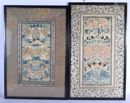 TWO 19TH CENTURY CHINESE SILK WORK EMBROIDERED PANELS Qing. ...