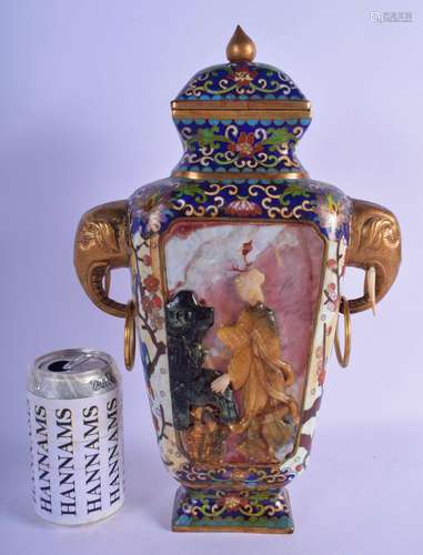 AN EARLY 20TH CENTURY CHINESE CLOISONNE ENAMEL AND JADE VASE...