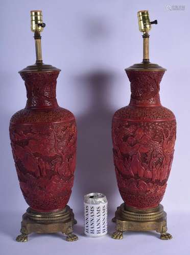 A LARGE PAIR OF 19TH CENTURY CHINESE CARVED CINNABAR LACQUER...