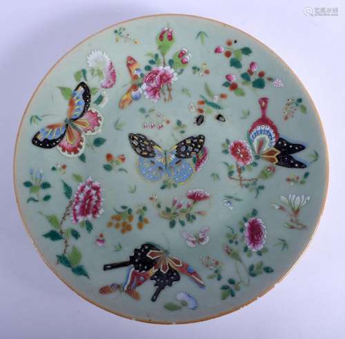 A 19TH CENTURY CHINESE CANTON FAMILLE ROSE CELADON PLATE ena...