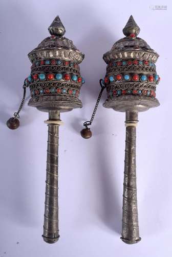 TWO VINTAGE TIBETAN CORAL AND TURQUOISE PRAYER WHEELS. 22 cm...