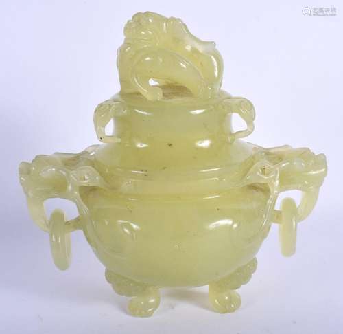 AN EARLY 20TH CENTURY CHINESE CARVED JADE CENSER AND COVER L...