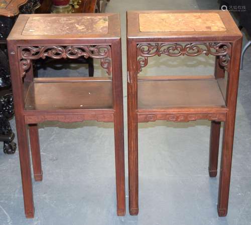 A PAIR OF 19TH CENTURY CHINESE HARDWOOD AND MARBLE STANDS Qi...