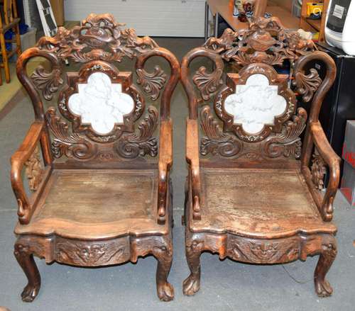 A PAIR OF 19TH CENTURY CHINESE CARVED HARDWOOD AND MARBLE CH...