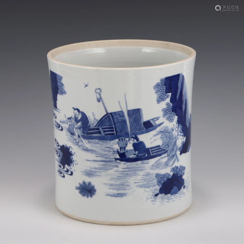 BLUE & WHITE WATERSIDE LANDSCAPE PORCELAIN BRUSH POT