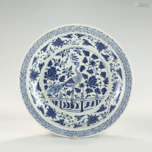 YUAN BLUE AND WHITE PEACOCK PLATE
