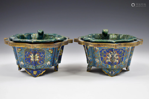 PAIR OF FLORI-FORM REPOUSSE CLOISONNE PORCELAIN …