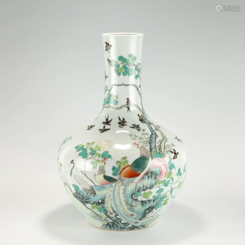 QING FAMILLE ROSE FLOWER AND BIRD CELESTIAL VASE WITH