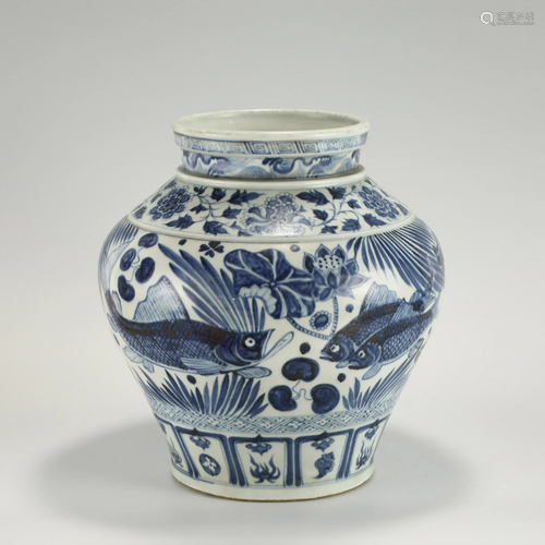 YUAN BLUE AND WHITE FISH GRASS POT