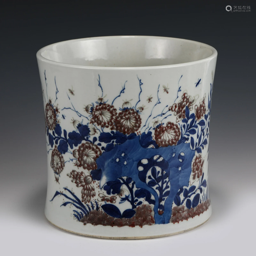 BLUE & WHITE RED GLAZED BRUSH POT