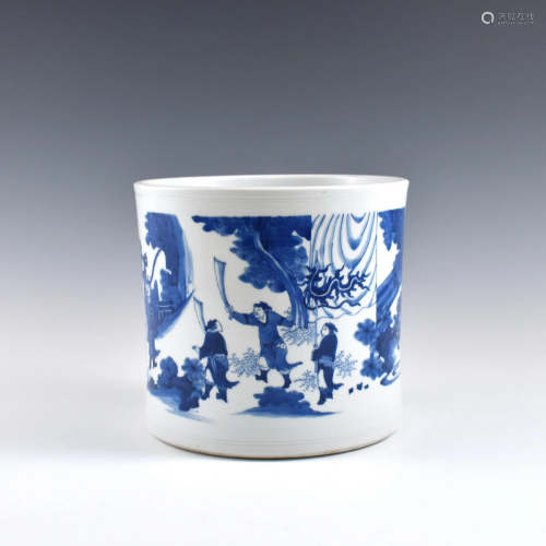 Ming blue & white figurine & landscape porcelain brush