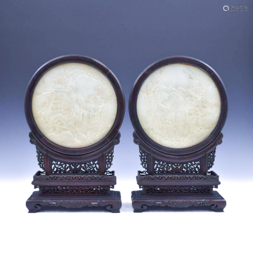 PAIR OF LANDSCAPE CARVED JADE ROUND TABLE SCREEN