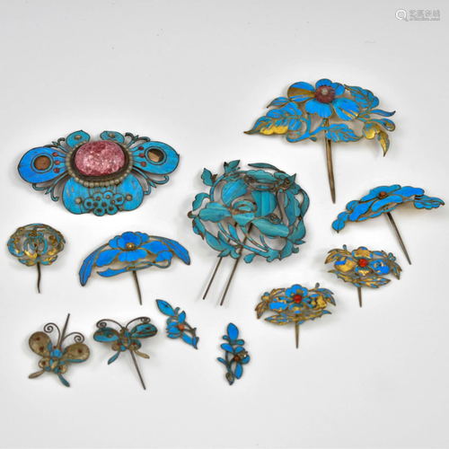 SET OF KINGFISHERS INLAID FILLIGREE HAIR PINS